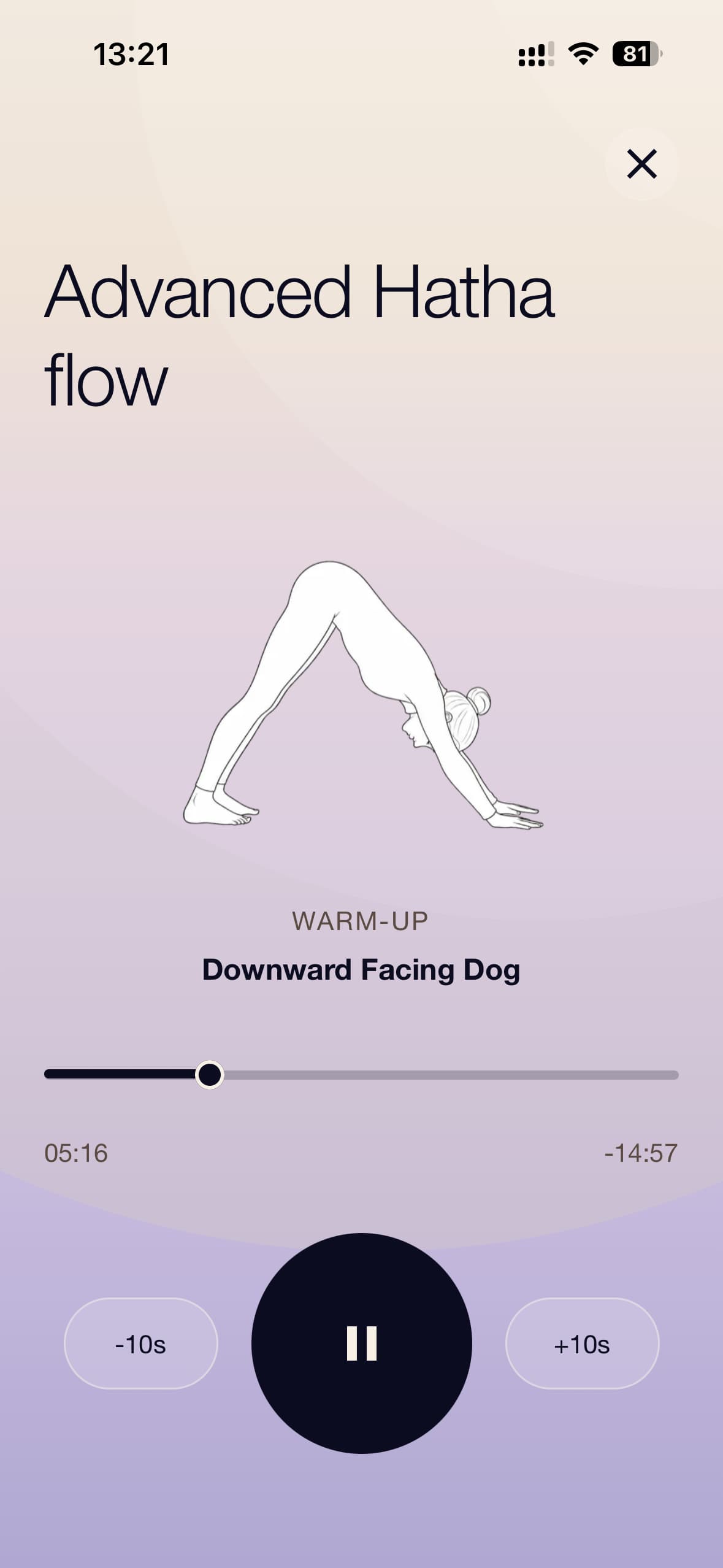 A Sana class in progress on downward facing dog, with the pose illustrated, a timer, and playback controls