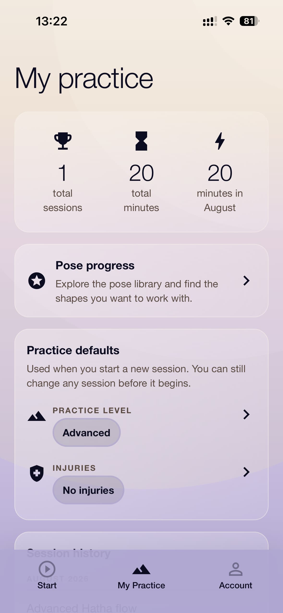 The Sana practice screen, showing total sessions and minutes, pose progress, and saved practice defaults
