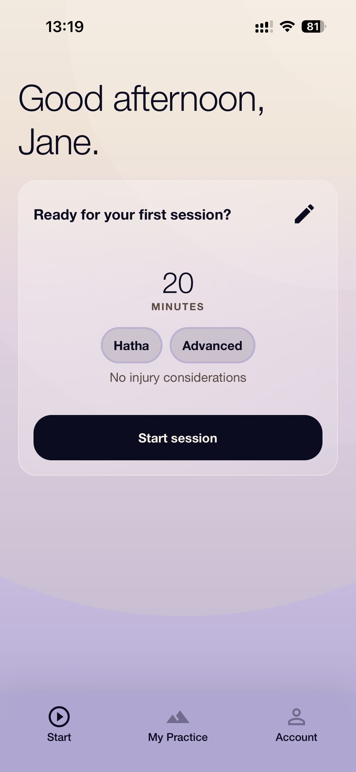 The Sana start screen, offering a 20 minute advanced hatha class, with a start session button